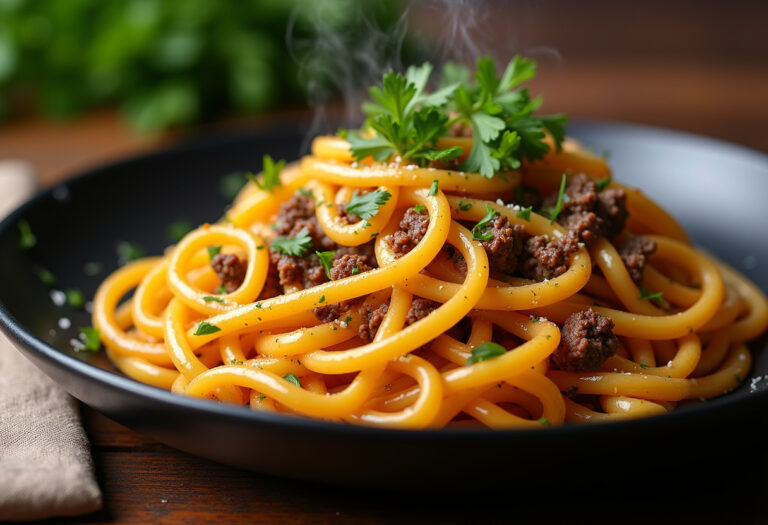 Cheesy Garlic Butter Linguine Pasta with Savory Ground Beef