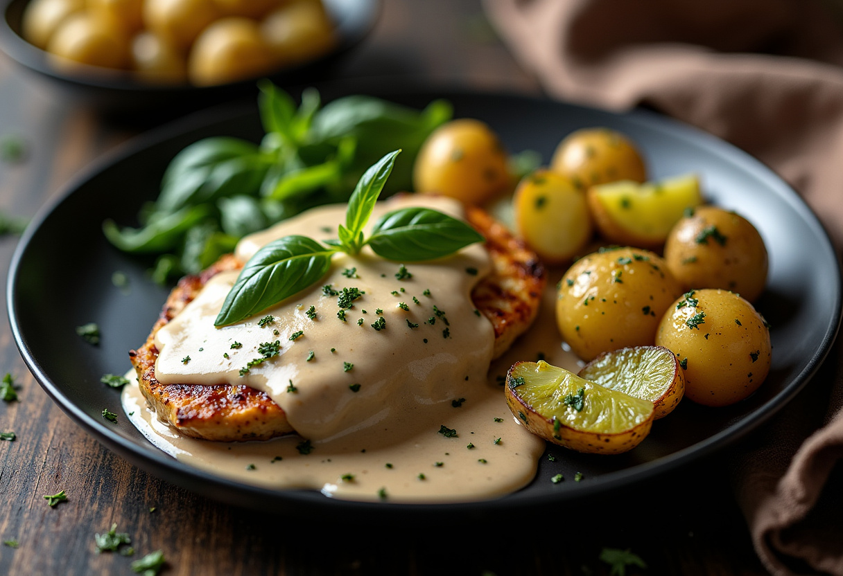Creamy Garlic Mushroom Chicken Alfredo with Basil Pesto Potatoes