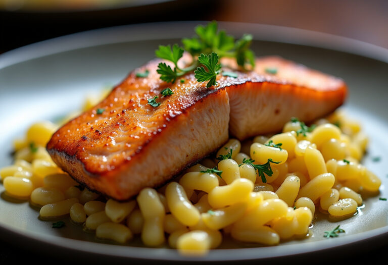 30-Minute Seared Salmon with Lemon Orzo
