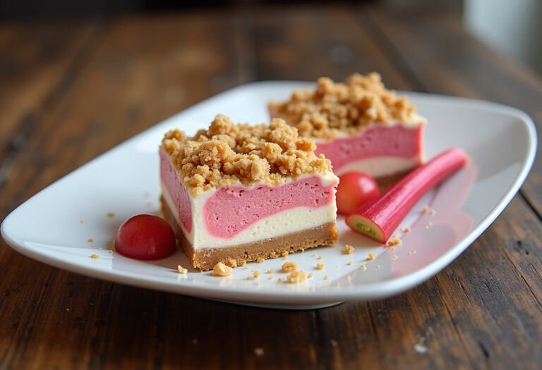 Creamy Rhubarb Cheesecake Bars with Crumble Topping