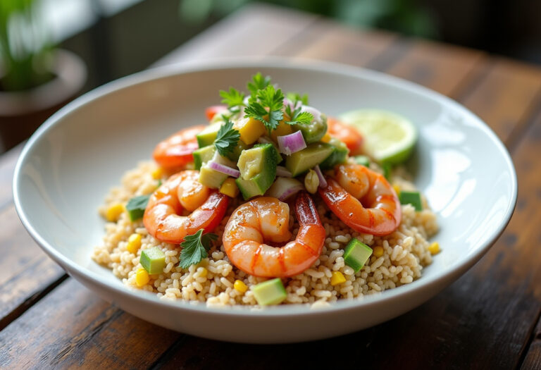 Grilled Shrimp Bowl with Avocado Corn Salsa and Creamy Sauce