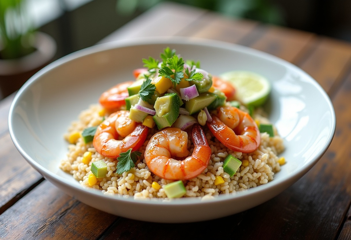 Grilled Shrimp Bowl with Avocado Corn Salsa and Creamy Sauce