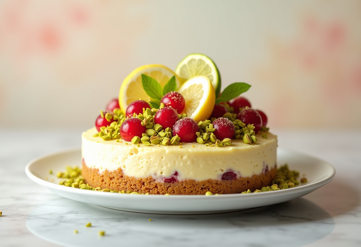 Lemon-Lime Cherry Pistachio Cheesecake
