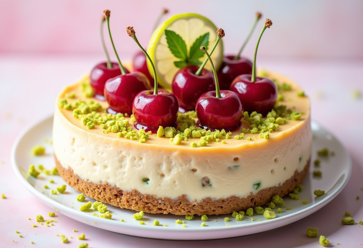 Luscious Lemon-Lime Cherry Pistachio Cheesecake