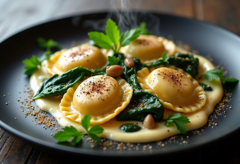 Ravioli with Seafood, Spinach & Mushrooms in Garlic Cream Sauce