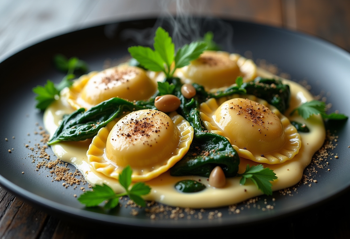 Ravioli with Seafood, Spinach & Mushrooms in Garlic Cream Sauce