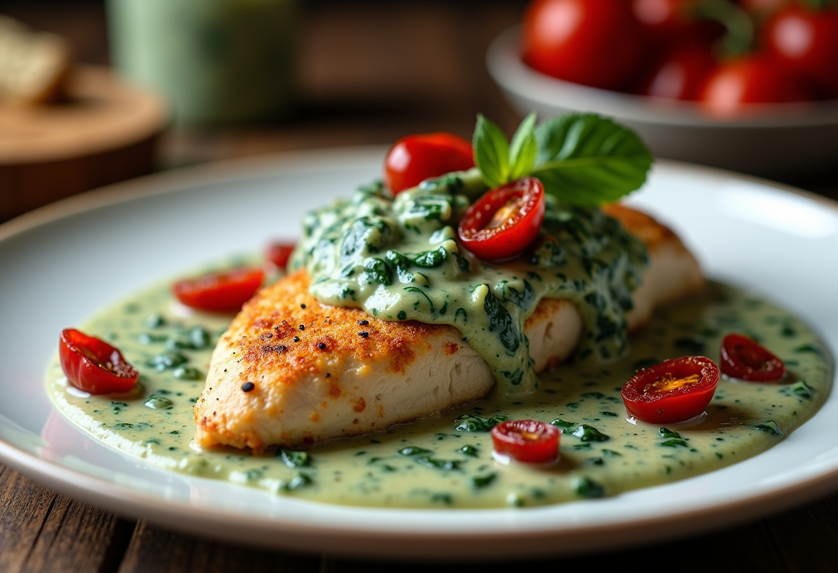 Smothered Baked Chicken with Creamed Spinach and Sun-Dried Tomatoes