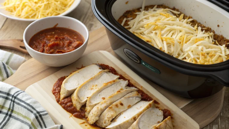 Cheesy Slow Cooker Chicken Enchilada Bake
