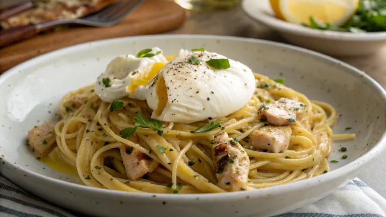 Chicken Spaghetti with Burrata and Lemon Butter Garlic Sauce