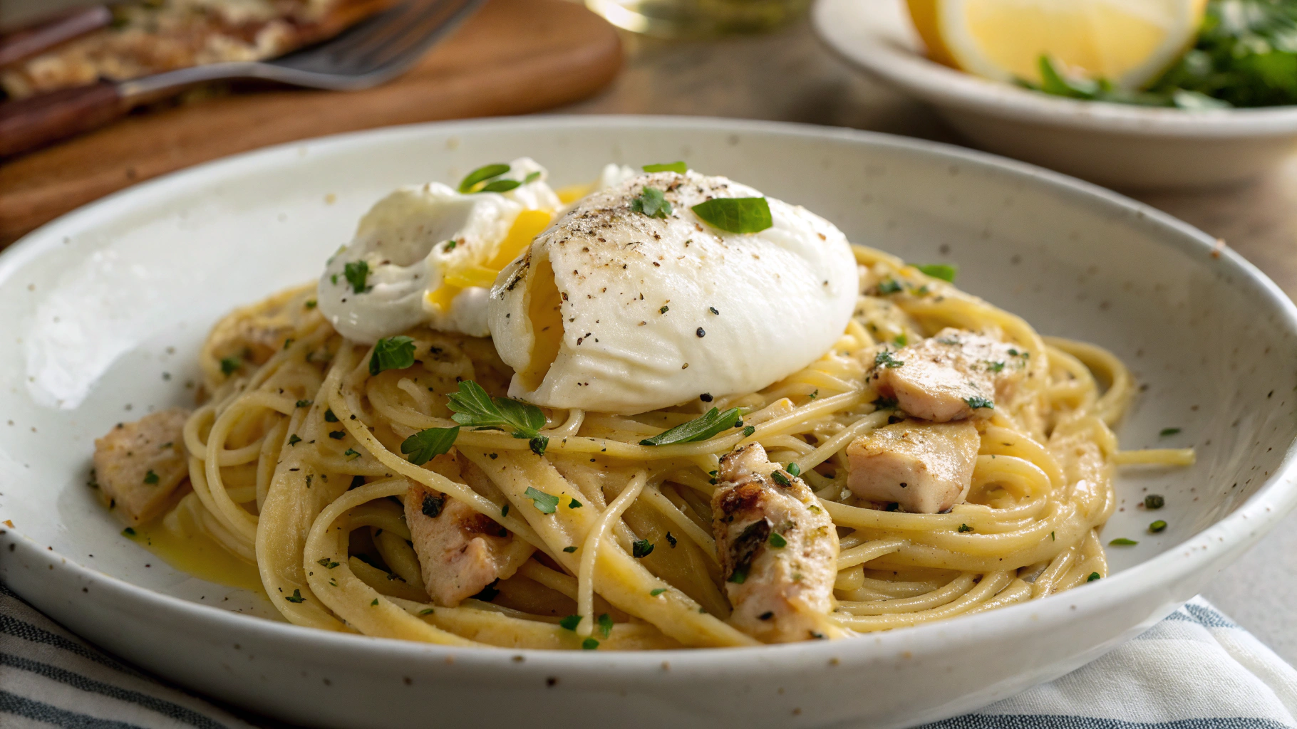 Chicken Spaghetti with Burrata and Lemon Butter Garlic Sauce