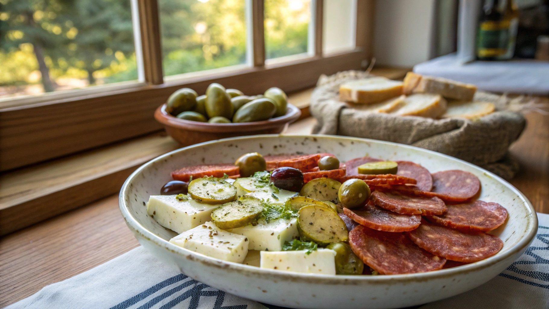 Easy Marinated Cheese Appetizer with Salami and Pickles