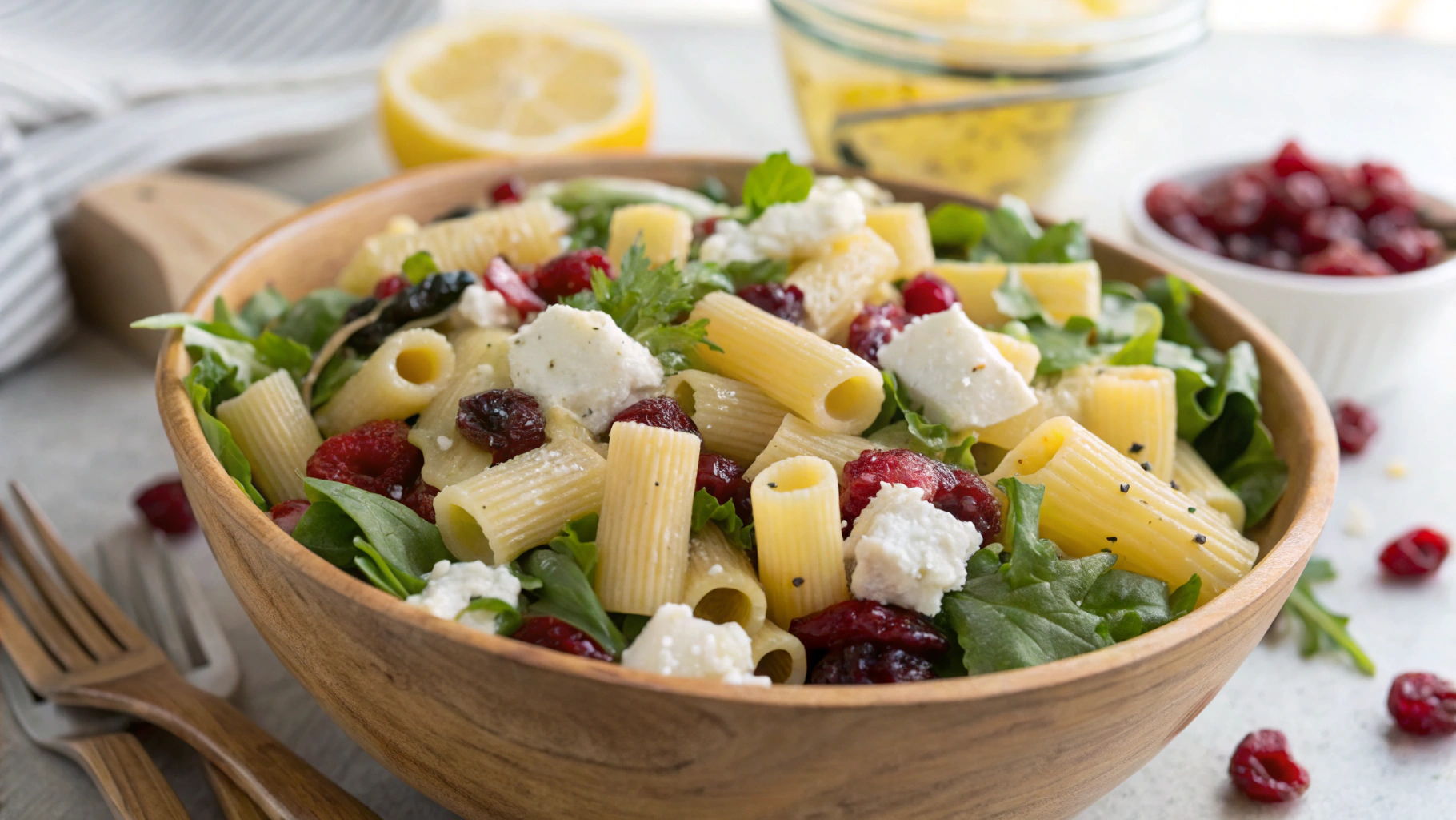 Feta and Cranberry Rigatoni Salad with Lemon Vinaigrette