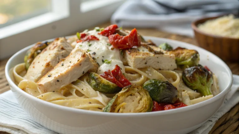 Greek Garlic Chicken Alfredo with Roasted Red Pepper Feta Cream and Crispy BrusselsParmesan Wedges