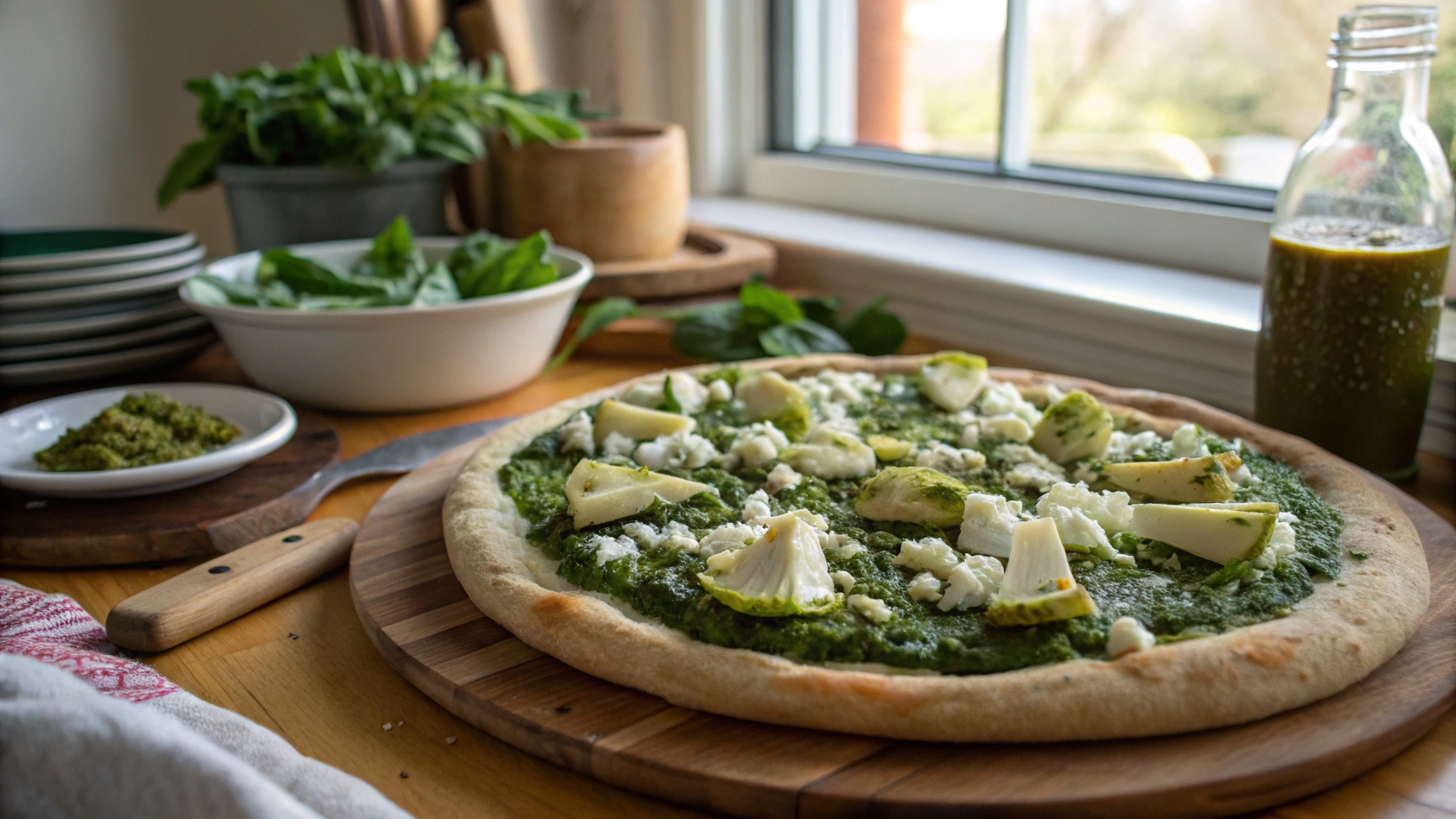 Green Pizza with Pesto Feta and Artichokes