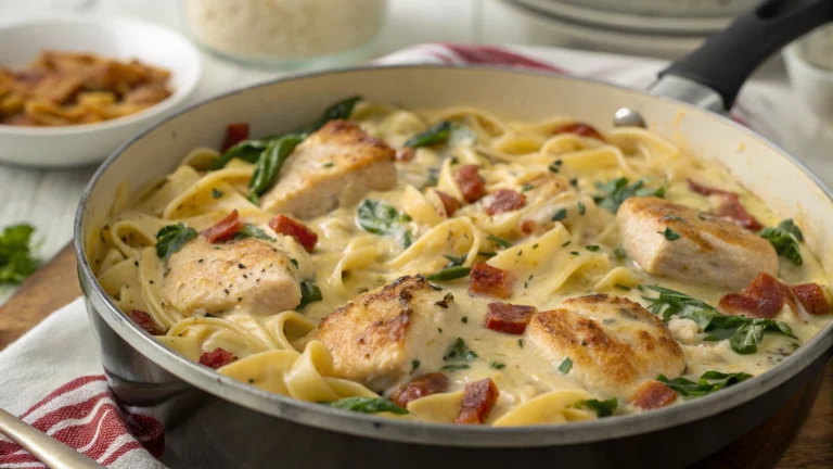OnePot Cheesy Chicken Pasta with Spinach and Bacon