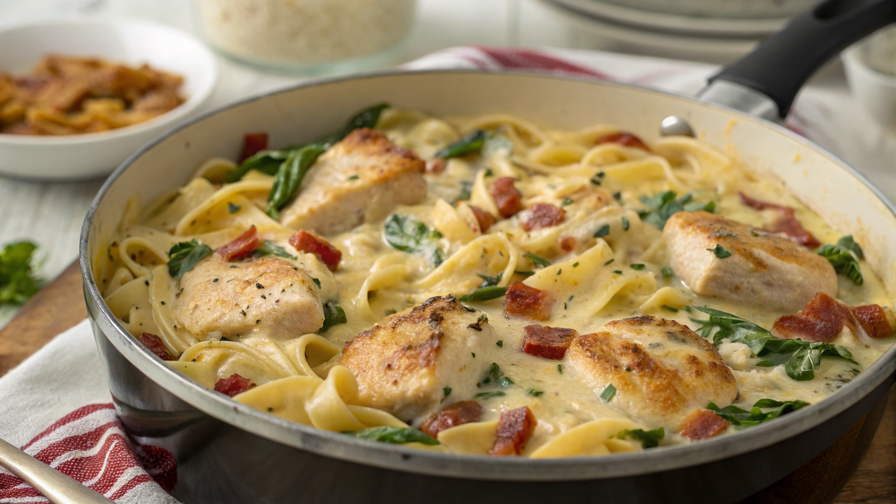 OnePot Cheesy Chicken Pasta with Spinach and Bacon