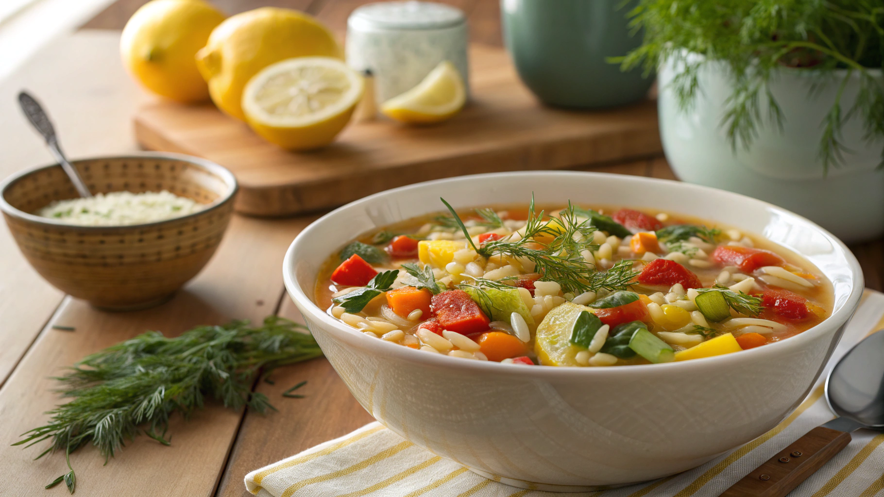 Orzo and Vegetable Soup with Lemon and Dill
