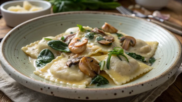 Ravioli with Seafood Spinach and Mushrooms in Garlic Cream Sauce