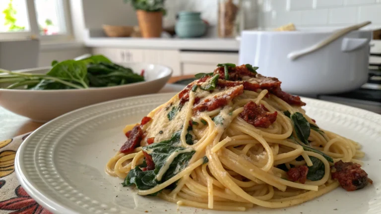Spaghetti and Spinach with SunDried Tomato Cream Sauce