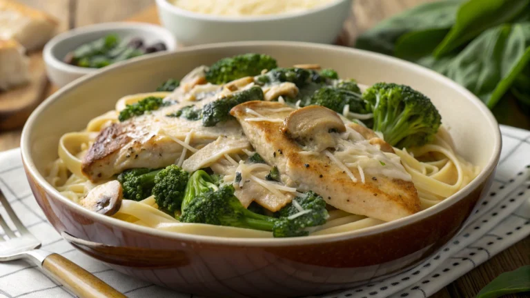 SpinachArtichoke Greek Chicken Alfredo and Crispy Parmesan Broccoli with Mushroom Basil Cream