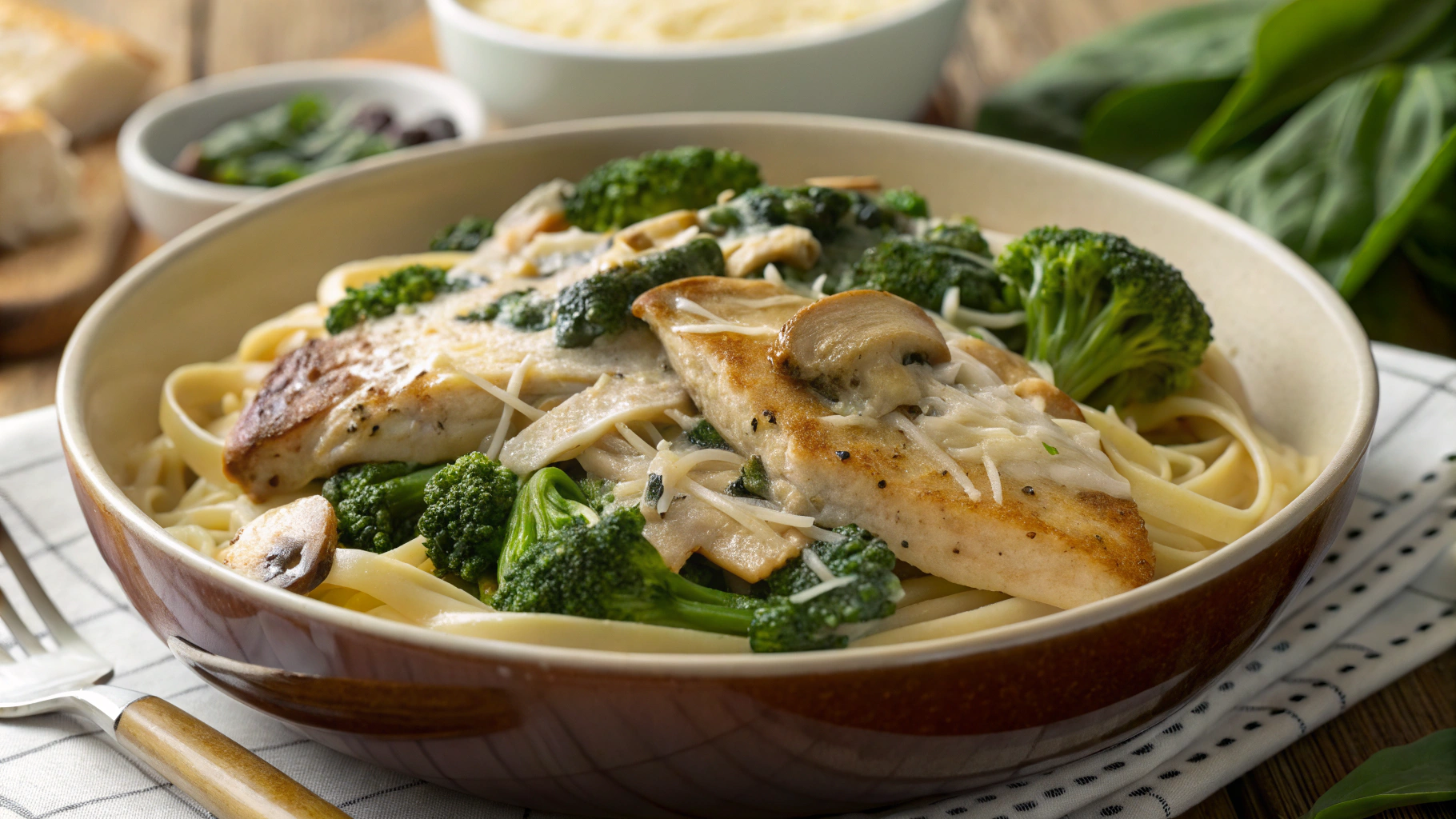 SpinachArtichoke Greek Chicken Alfredo and Crispy Parmesan Broccoli with Mushroom Basil Cream