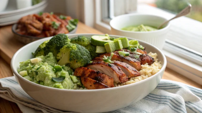 Sweet and Smoky Grilled Chicken Bowl with Broccoli Cucumber and Guac Rice