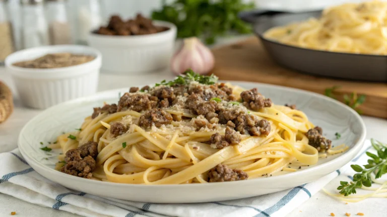Cheesy Garlic Butter Linguine with Savory Ground Beef