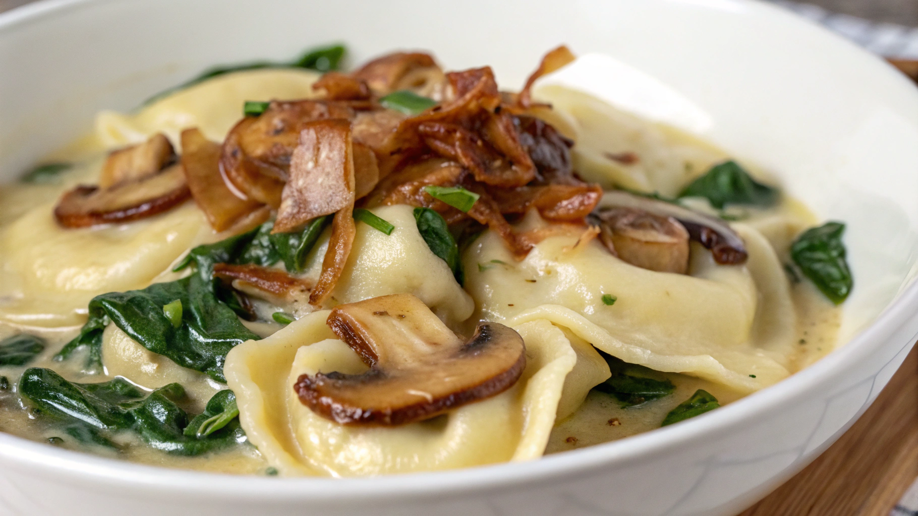 Creamy Spinach Mushroom Tortellini with Caramelized Onions