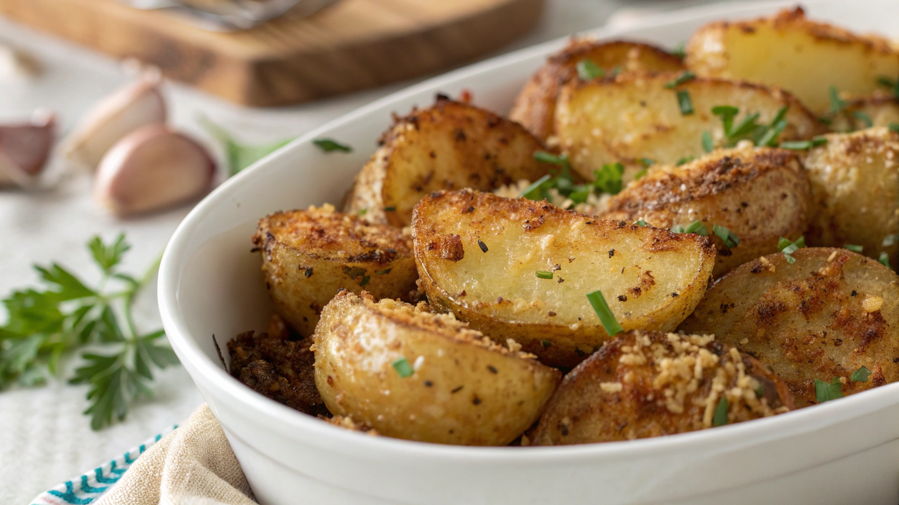 Crispy Garlic Parmesan Crusted Potatoes