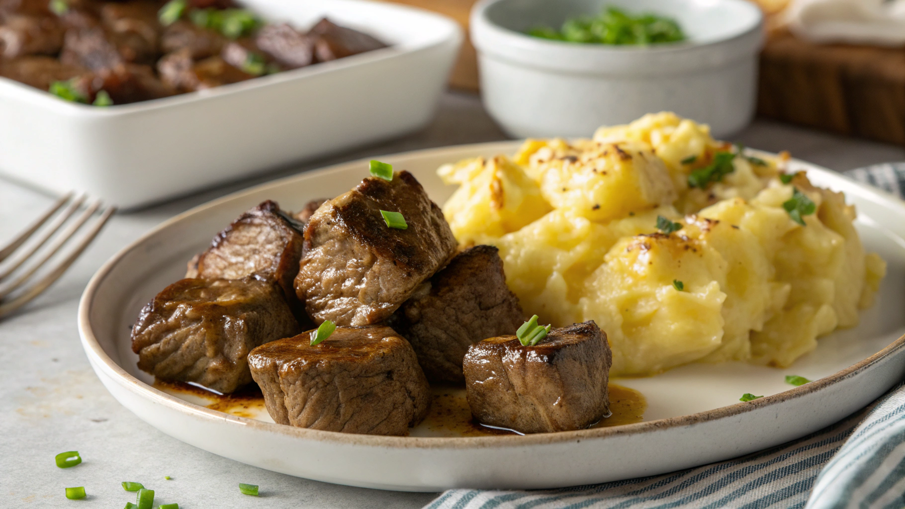 Garlic Butter Steak Bites and Cheesy Smashed Potatoes