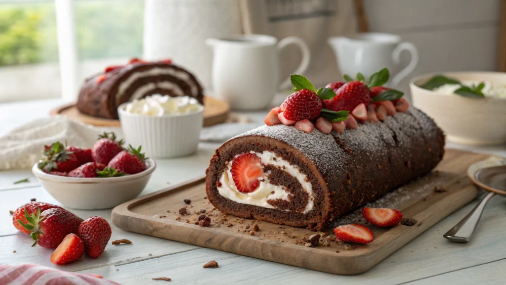 Chocolate Sponge Roll with Fresh Strawberries and Cream