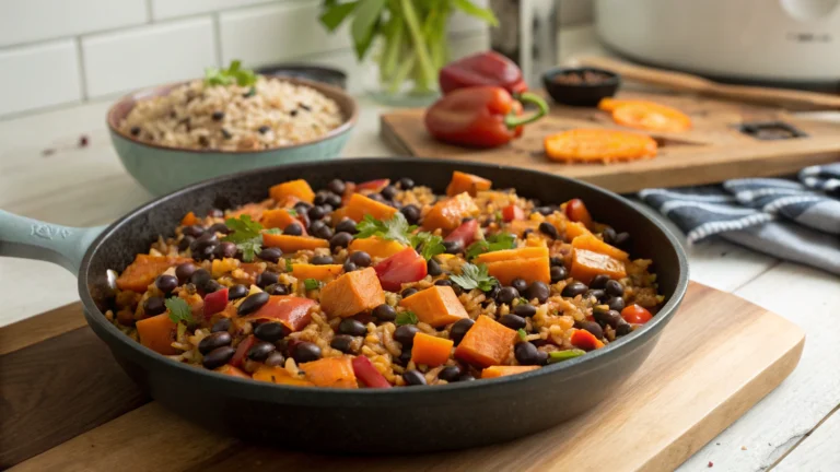 Southwest Sweet Potato Black Bean and Rice Skillet